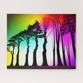 Zwart Silhouet Bomen met Rainbow Achtergrond Legpuzzel