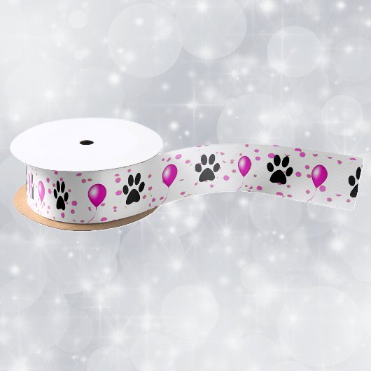 Zwart Silhouet Cat Paw Prints Roze Ballonnen Stipp Satijnen Lint