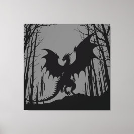 Zwart Silhouet Draak op Grijs - Fantasy | Canvas Afdruk