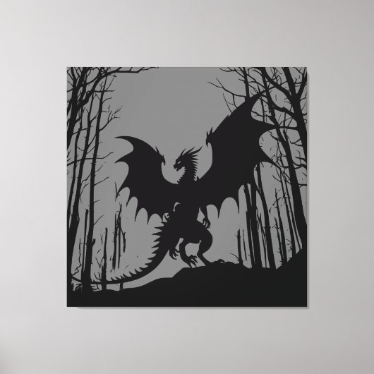 Zwart Silhouet Draak op Grijs - Fantasy | Canvas Afdruk (Voorkant)