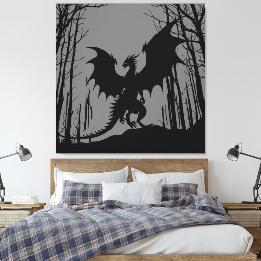 Zwart Silhouet Draak op Grijs - Fantasy | Canvas Afdruk (Insitu (Slaapkamer))