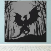 Zwart Silhouet Draak op Grijs - Fantasy | Canvas Afdruk (Insitu (Houten vloer))
