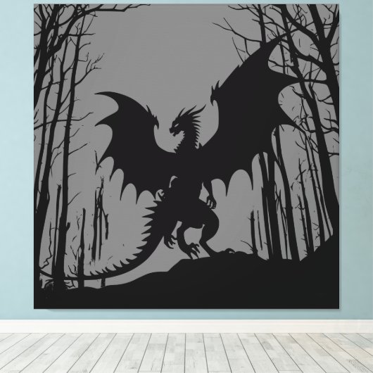 Zwart Silhouet Draak op Grijs - Fantasy | Canvas Afdruk (Insitu (Houten vloer))