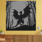 Zwart Silhouet Draak op Grijs - Fantasy | Canvas Afdruk (Insitu (Woonkamer))