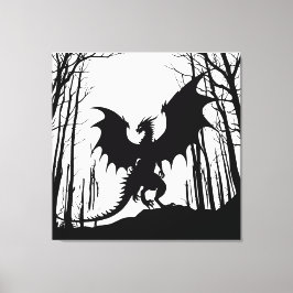 Zwart Silhouet Draak op Wit - Fantasy | Canvas Afdruk