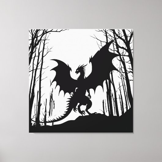 Zwart Silhouet Draak op Wit - Fantasy | Canvas Afdruk (Voorkant)