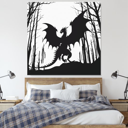 Zwart Silhouet Draak op Wit - Fantasy | Canvas Afdruk (Insitu (Slaapkamer))