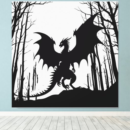Zwart Silhouet Draak op Wit - Fantasy | Canvas Afdruk (Insitu (Houten vloer))