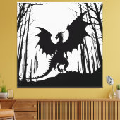 Zwart Silhouet Draak op Wit - Fantasy | Canvas Afdruk (Insitu (Woonkamer))