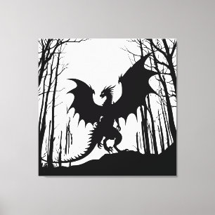 Zwart Silhouet Draak op Wit - Fantasy Canvas Afdruk