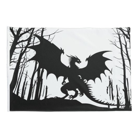 Zwart Silhouet Draak op Wit - Fantasy | Kussensloop (Achterkant-Rechts)