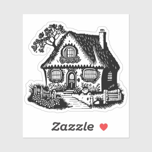 Zwart Silhouet Gezellig Country Cottage Schets Sticker (Vel)