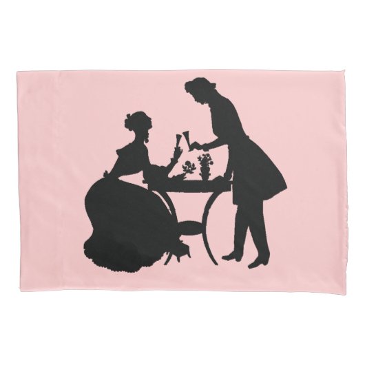 Zwart silhouet op roze romantisch paar wijn kussensloop (Voorkant-Links)