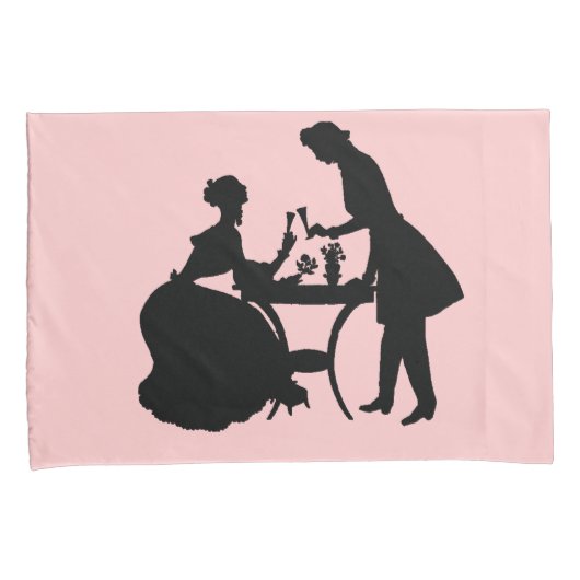 Zwart silhouet op roze romantisch paar wijn kussensloop (Voorkant-Rechts)