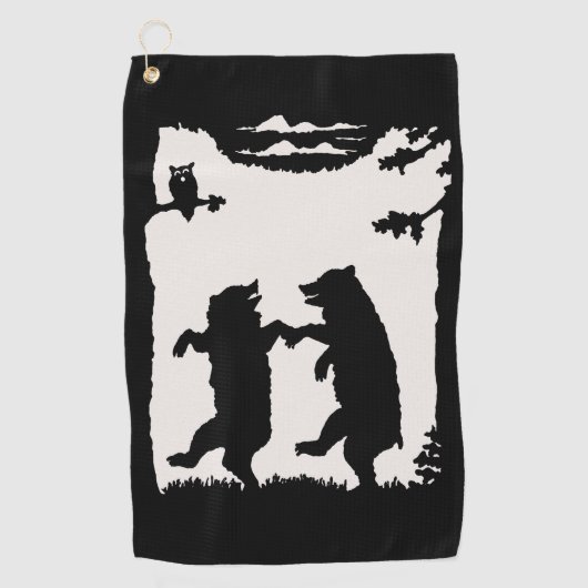 Zwart Silhouet op Witte Twee Dansende Beren Uil Golfhanddoek (Voorkant)