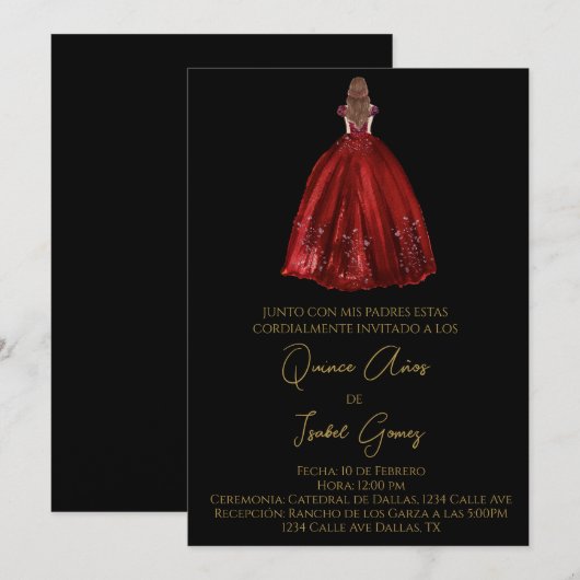 Zwart silhouet quinceañera uitnodiging (Voorkant / Achterkant)