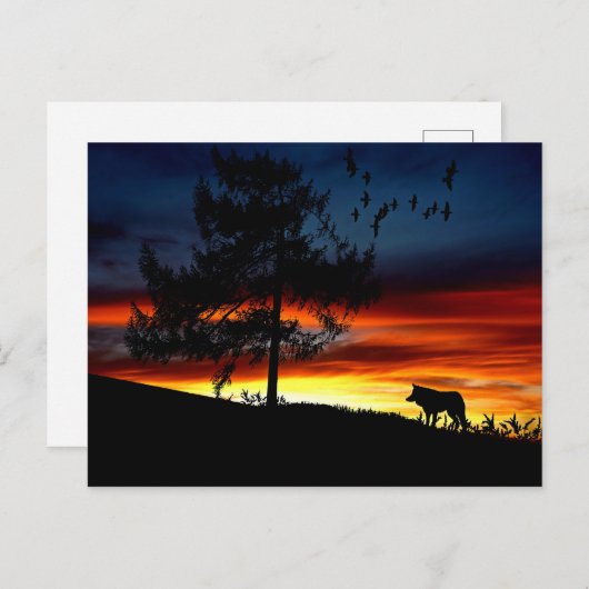 Zwart silhouet van Wolf, vogels en bomen in de zon Briefkaart (Voorkant / Achterkant)