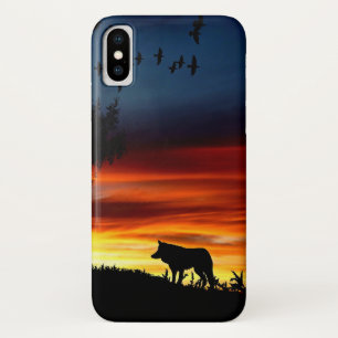 Zwart silhouet van Wolf, vogels en bomen in de zon Case-Mate iPhone Case