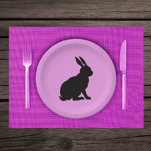 Zwart Silhouet Zittend Konijn op Hot Pink Papieren Bordje