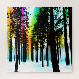 Zwart Silhouetbos met regenboogkleuren Legpuzzel