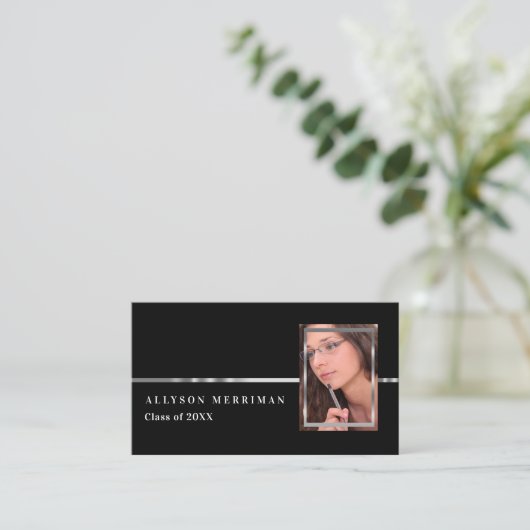 Zwart | Silver Afstuderen Photo Insert Name Cards Contactkaartje (Staand voorkant)