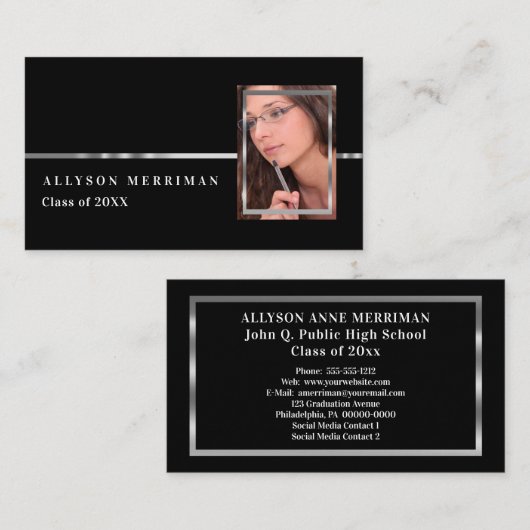 Zwart | Silver Afstuderen Photo Insert Name Cards Contactkaartje (Voorkant / Achterkant)