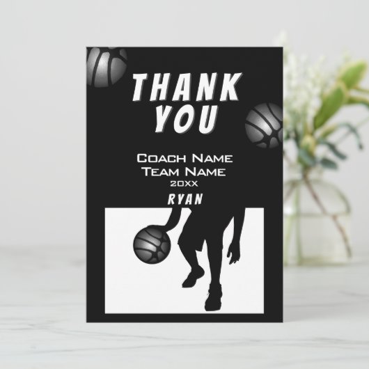 Zwart Silver Basketbal Dank je Coach Kaart (Staand voorkant)