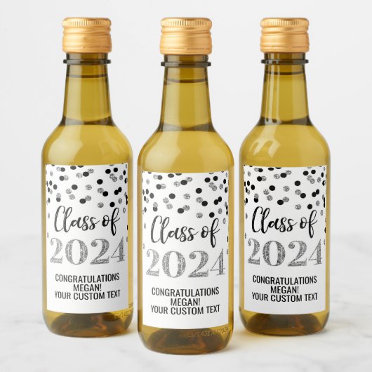 Zwart Silver Glitter Confetti Afstuderen Wijn Etiket (Flessen)