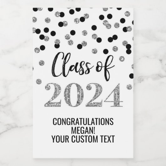 Zwart Silver Glitter Confetti Afstuderen Wijn Etiket (Enkel label)