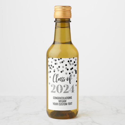 Zwart Silver Glitter Confetti Afstuderen Wijn Etiket (Voorkant)