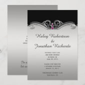 Zwart  Silver Swirls Pink Gem Receptie Alleen Kaart (Voorkant / Achterkant)