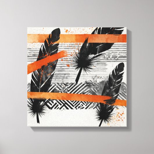 Zwart Sinaasappel Abstract Veer Waterverf muurkuns Canvas Afdruk (Voorkant)