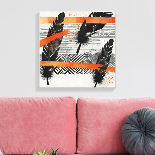 Zwart Sinaasappel Abstract Veer Waterverf muurkuns Canvas Afdruk (Insitu (Woonkamer))