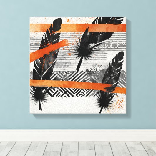 Zwart Sinaasappel Abstract Veer Waterverf muurkuns Canvas Afdruk (Insitu (Houten vloer))