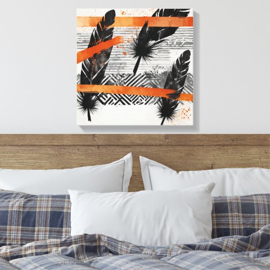 Zwart Sinaasappel Abstract Veer Waterverf muurkuns Canvas Afdruk (Insitu (Slaapkamer))