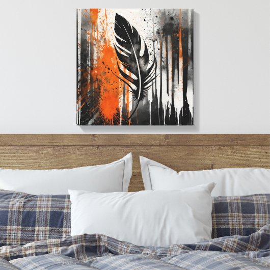 Zwart Sinaasappel Abstract veer Waterverf muurkuns Canvas Afdruk (Insitu (Slaapkamer))