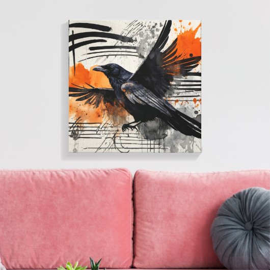 Zwart Sinaasappel Abstract Vogel Waterverf muurkun Canvas Afdruk (Insitu (Woonkamer))