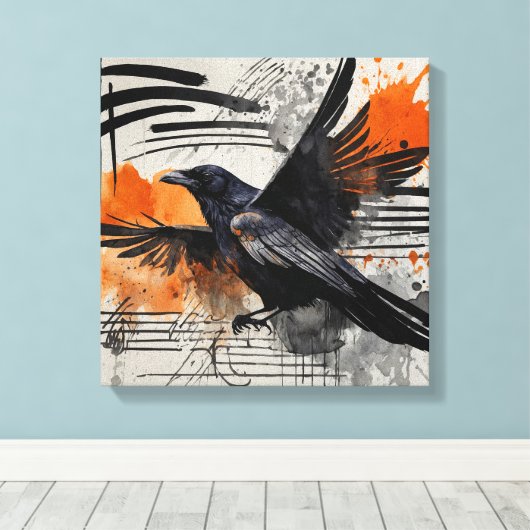 Zwart Sinaasappel Abstract Vogel Waterverf muurkun Canvas Afdruk (Insitu (Houten vloer))