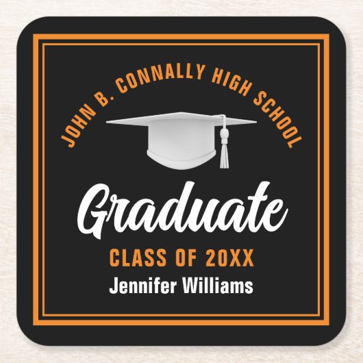 Zwart Sinaasappel Afstuderen Custom 2025 Graduatio Kartonnen Onderzetters (Voorkant)