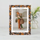 Zwart Sinaasappel Bloemen Paddenstoelen Halloween  Feestdagenkaart (Staand voorkant)