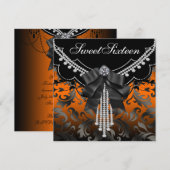 Zwart Sinaasappel Damask Sweet Sixteen Party Invit Kaart (Voorkant / Achterkant)