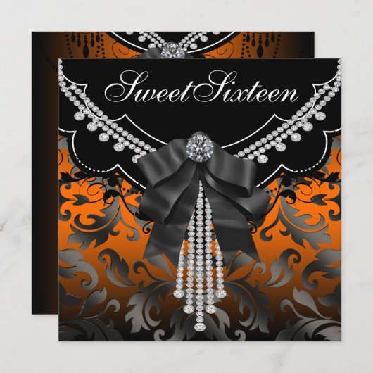 Zwart Sinaasappel Damask Sweet Sixteen Party Invit Kaart (Voorkant / Achterkant)
