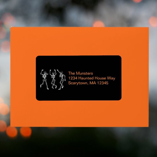 Zwart Sinaasappel Dansende Skeletten Halloween Adr Etiket