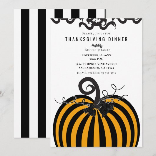 Zwart & Sinaasappel Gestreepte Pompoen Thanksgivin Kaart (Voorkant / Achterkant)