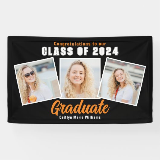 Zwart Sinaasappel Graduation Party 3 Fotocollage Spandoek (Horizontaal)