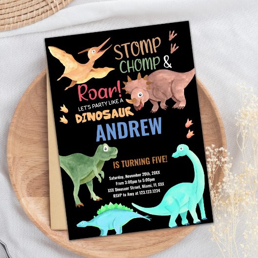 Zwart Sinaasappel Groene Dinosaurus Verjaardagsuit Kaart