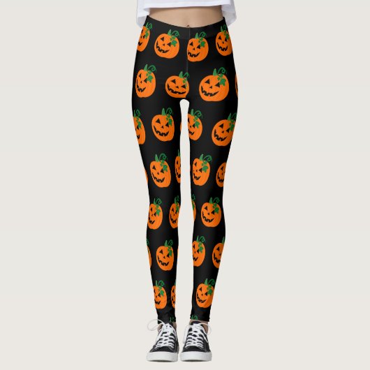 Zwart Sinaasappel Happy Jack O Lantern Leggings (Voorkant)