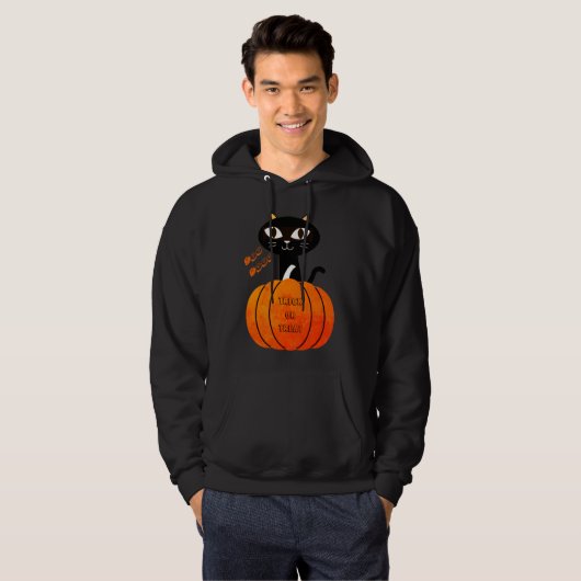 Zwart Sinaasappel Kat Pompoen Trick or treat Hallo Hoodie (Voorkant volledig)