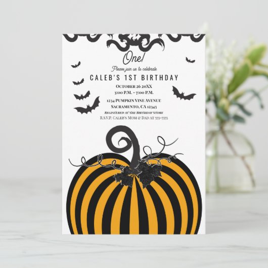 Zwart & Sinaasappel Pompoen Halloween 1e Verjaarda Kaart (Staand voorkant)