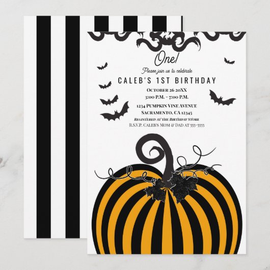 Zwart & Sinaasappel Pompoen Halloween 1e Verjaarda Kaart (Voorkant / Achterkant)